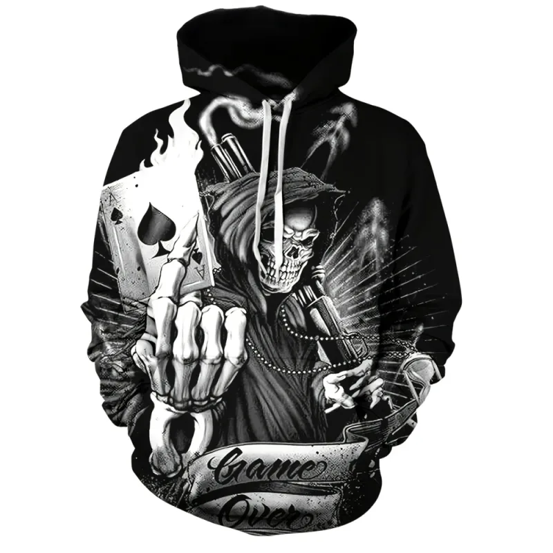 3D Printed Skull and Rose Sweatshirts Drawstring Sportwear Long Sleeved Tops Men's Hooded Hoodies Street Graphic Men's Clothing