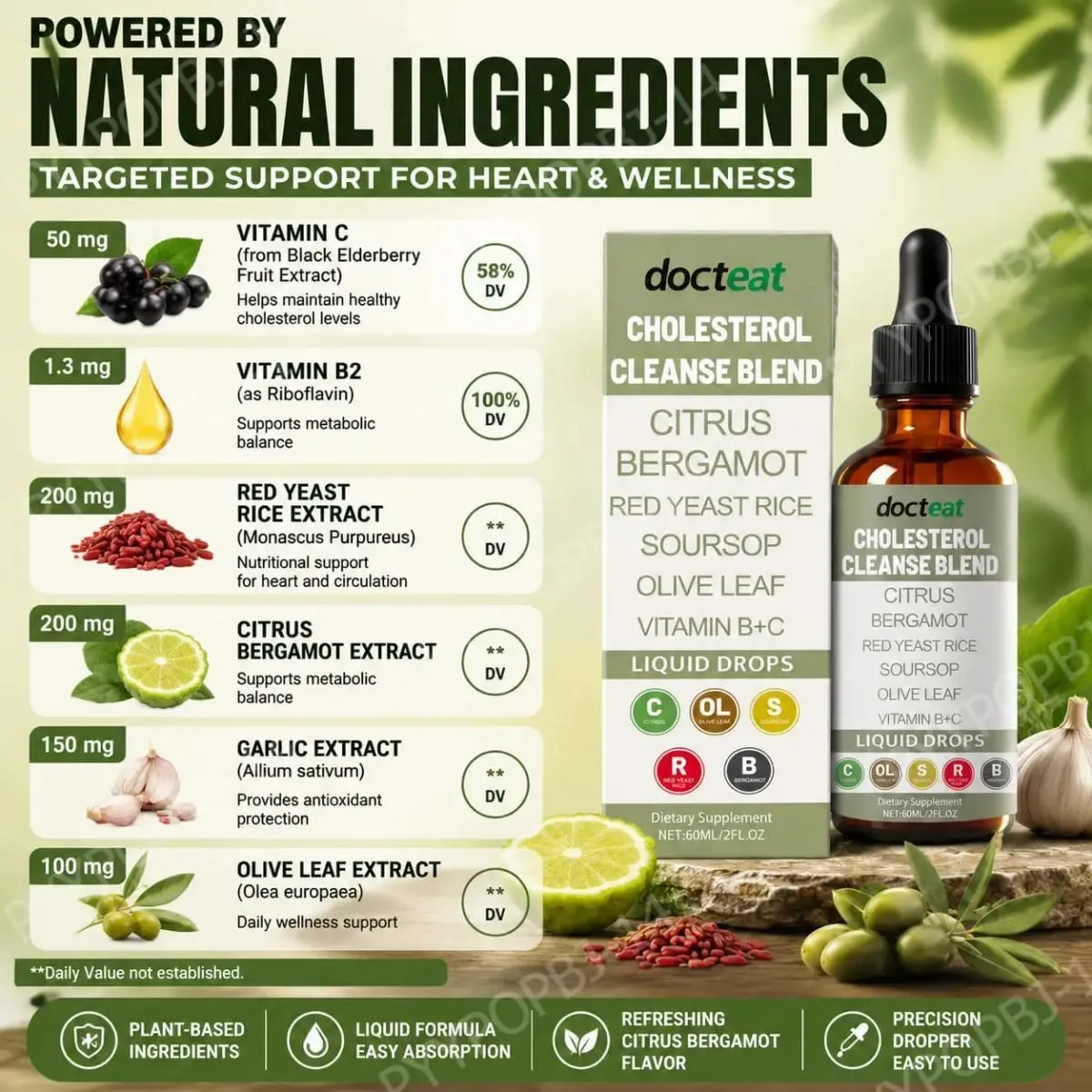 Docteat Cholesterol Cleanse Blend Gotas Líquidas Citrus Bergamota Suporta Equilíbrio Metabólico com Vitamina C e B2 Conta-gotas 60 ML