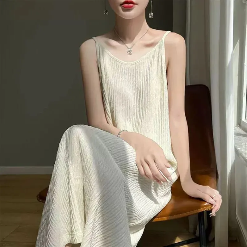 Mulheres vestido de alça espaguete 2026 verão cor sólida solto longo praia vestido de verão lasy elegante sem mangas festa à noite midi vestidos