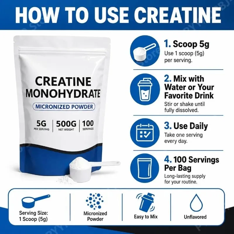 Creatina monohidratada micronizada em pó sem sabor 5g 500g 100 porções testada por terceiros suporte de recuperação de desempenho livre de OGM