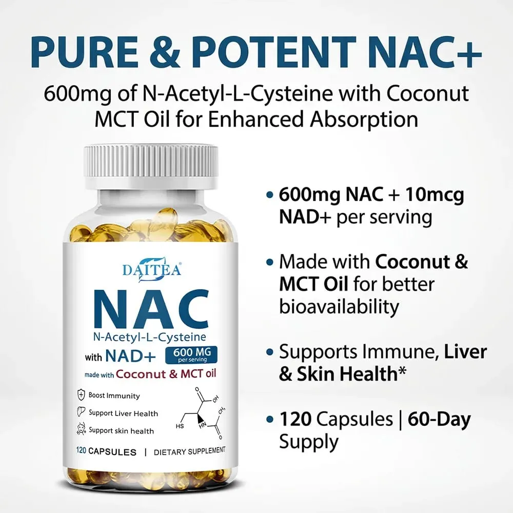 Suplemento N-Acetil Cisteína NAC com NAD + Suporte Antioxidante Suporte Saúde do Fígado Saúde da Pele Saúde Sem Glúten 120 Cápsulas — image 4