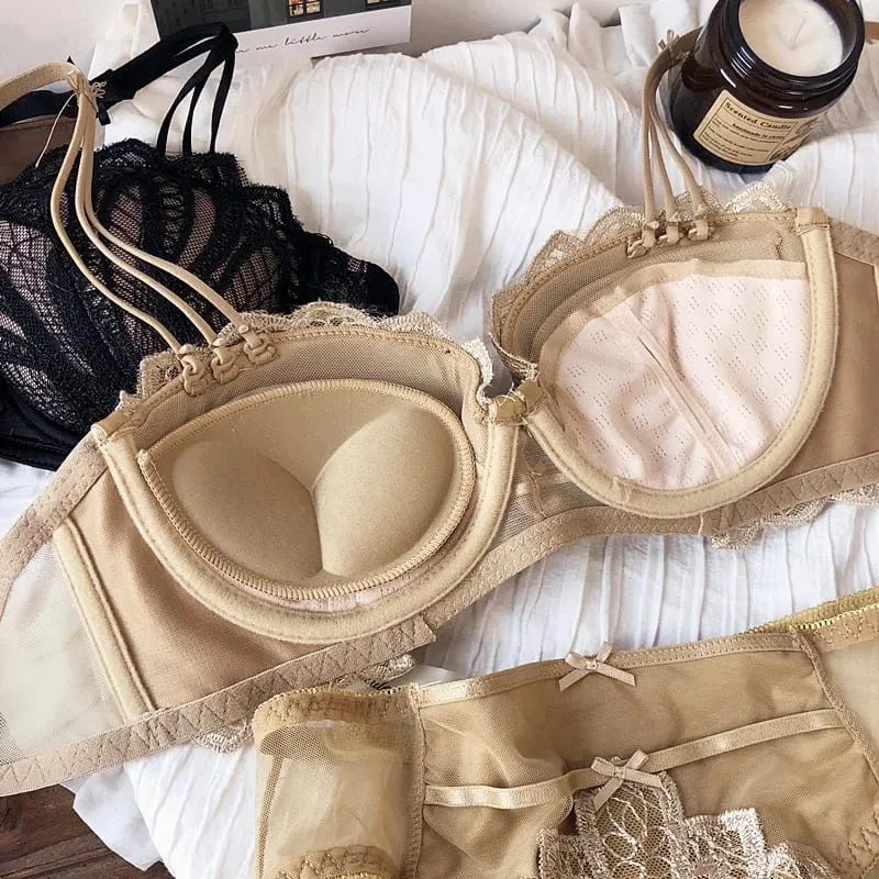 Sexy bordado renda concha meia xícara seios pequenos push up sutiã conjunto engrossar almofada ajustável sutiã calcinha meninas roupa interior