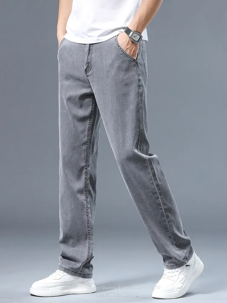 Verão fino masculino solto calças de brim retas lyocell macio drape negócios calças casuais fumaça cinza gelo seda calças plus size 40 42