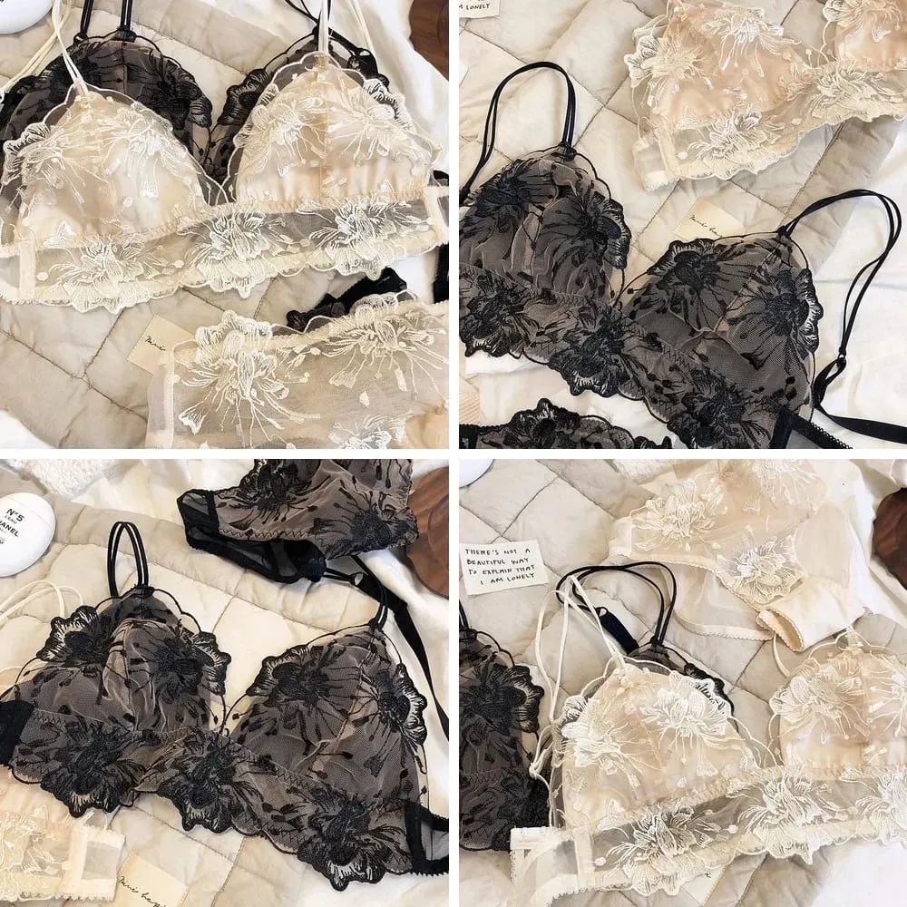 Embroidered Lace Bralette Set Triangle Cup Wireless Bra for Large Breasts Ultra Thin & Breathable Lingerie