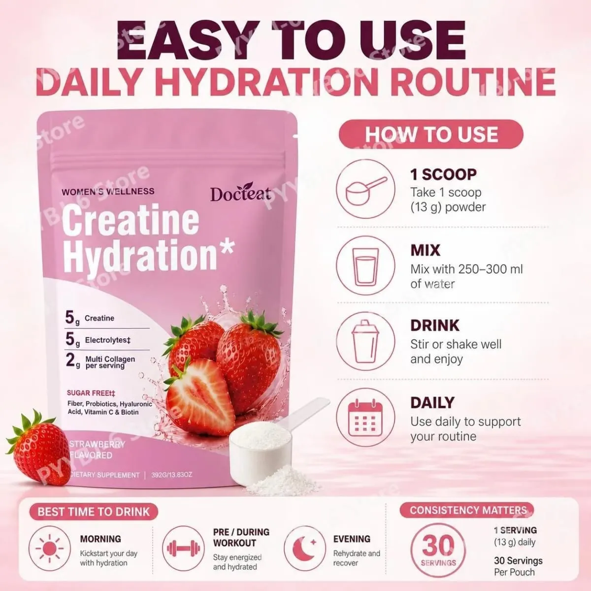 Docteat creatina em pó eletrólitos colágeno vitamina c biotina açúcar livre sabor morango feminino fitness bem-estar 30 porções — image 6