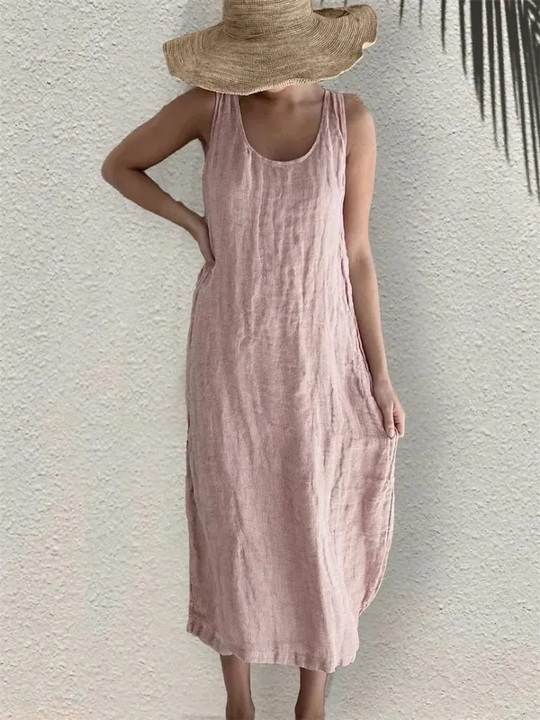 Women Comfortable Casual Cotton Linen Dresses 2026 Summer Solid Color Side Pockets Dress Female O Neck Pullover Sleeveless Gown