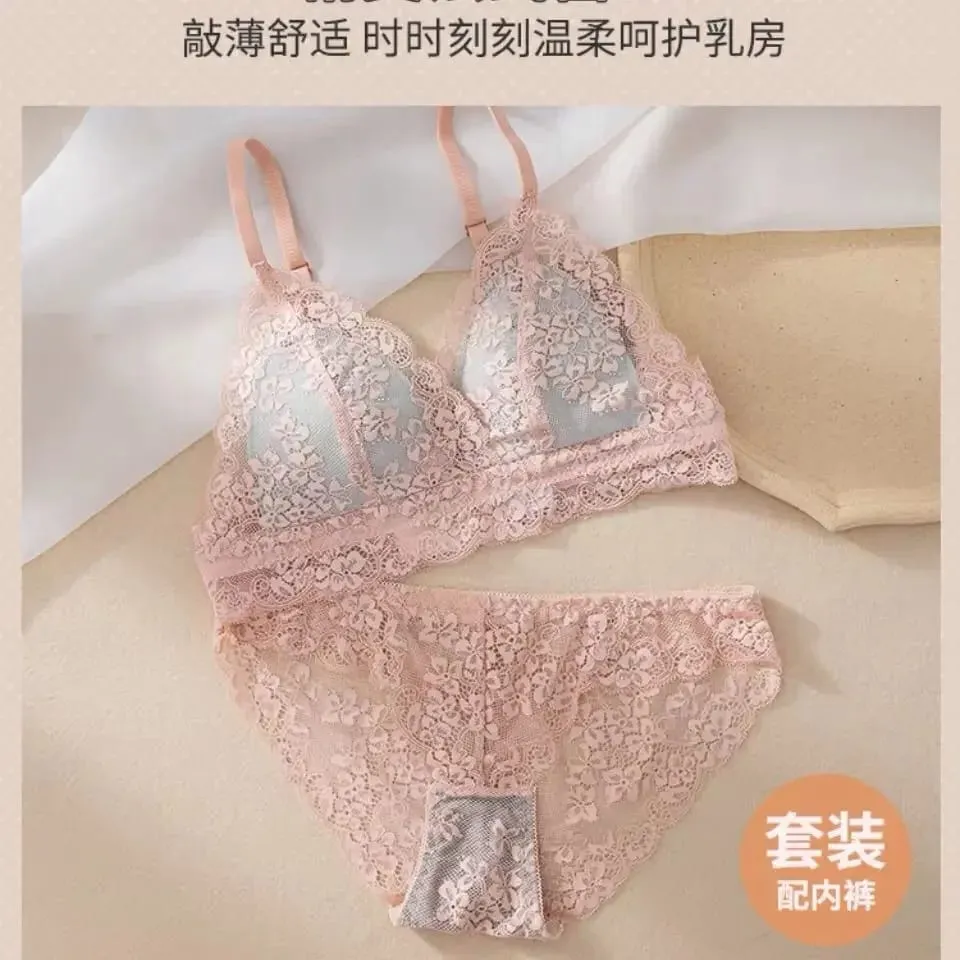 Lace Summer Ultra-thin Bra Underwear Women's Rabbit Ear Triangular Cup Bra Set