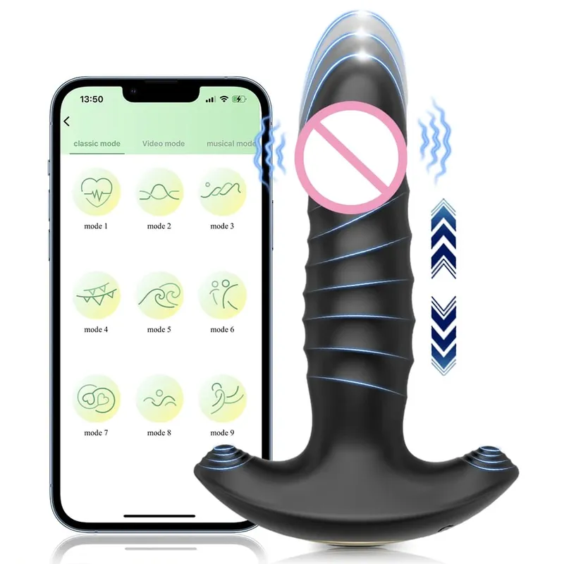 Empurrando Butt Plug para Homens Massageador de Próstata APP Vibrador Anal Telescópico Vibratório Anal Plug Estimulador de Próstata Brinquedo Sexual Homens