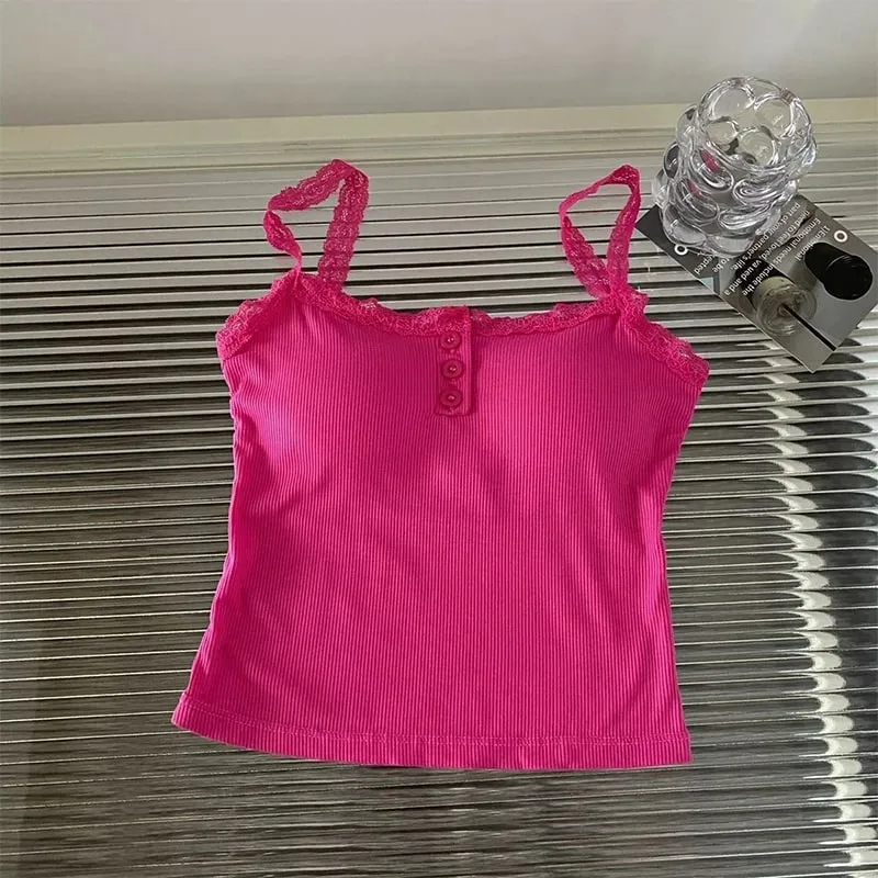 夏季蕾絲肩帶拼布吊帶背心女款純色無袖扣背心