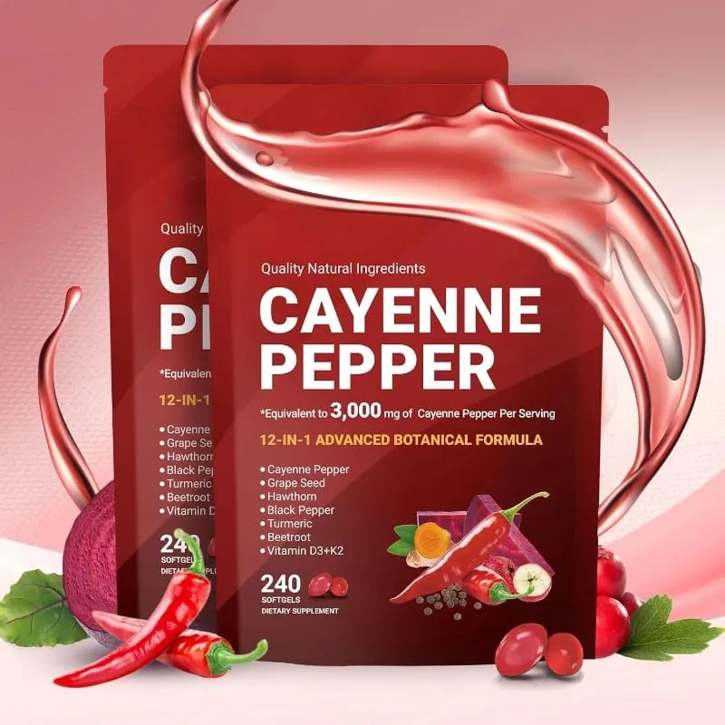Cápsulas de pimenta caiena com semente de uva, beterraba, cúrcuma, vitaminas D3 K2 E, suplemento de ervas