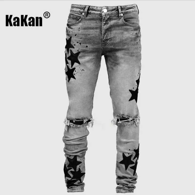Kakan - Novo jeans masculino azul slim fit com remendo Y2k com design estampado jeans longo marca masculina — image 6