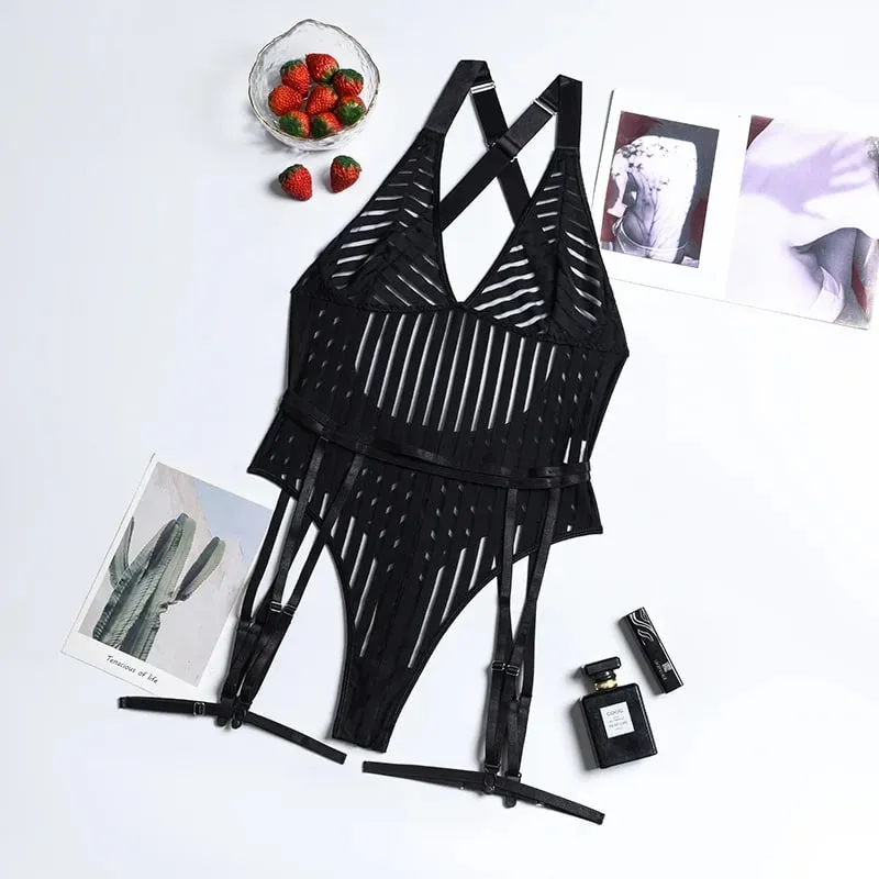 Body sexy listrado de renda patchwork para mulheres, bodycon, alças espaguete, lingerie sem costas, corpo com ligas, roupas de boate — image 5