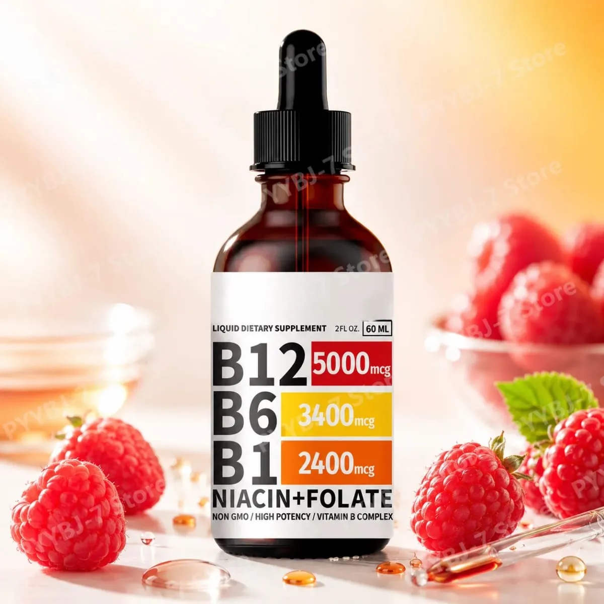 Gotas líquidas de complexo de vitamina B 5 em 1 B12 B6 B1 Niacina Folato Suporte para metabolismo de energia normal Saúde do sistema imunológico