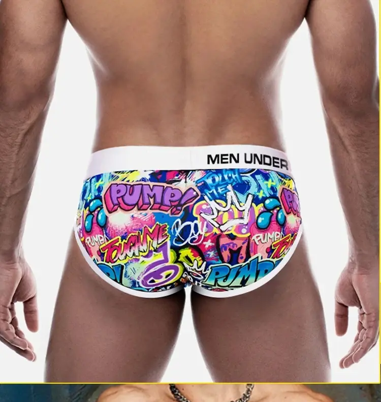 1 pçs masculino algodão mistura de náilon boxer briefs all-over graffiti impressão ampla cintura elástica não-apertado moda esporte roupa interior