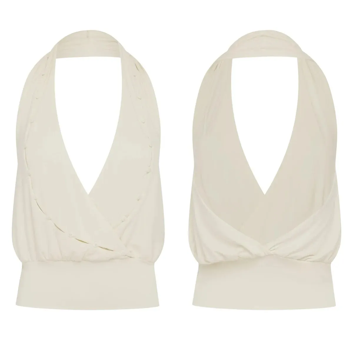 Top Halter V-Neck Dalam Biru Muda Wj dengan Top Pendek Rekaan Tanpa Belakang dengan Rekaan Belakang Simpul Putar dan Butang untuk Kesan Pelangsingan Jerebu Atasan Tangki Halter Biru Atasan Pendek dengan Hiasan Butang dan Rekaan Bercekak Pinggang
