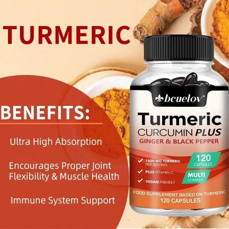 Suplemento de cúrcuma com extrato de curcumina, gengibre e pimenta preta para apoiar a mobilidade articular e a saúde muscular e óssea