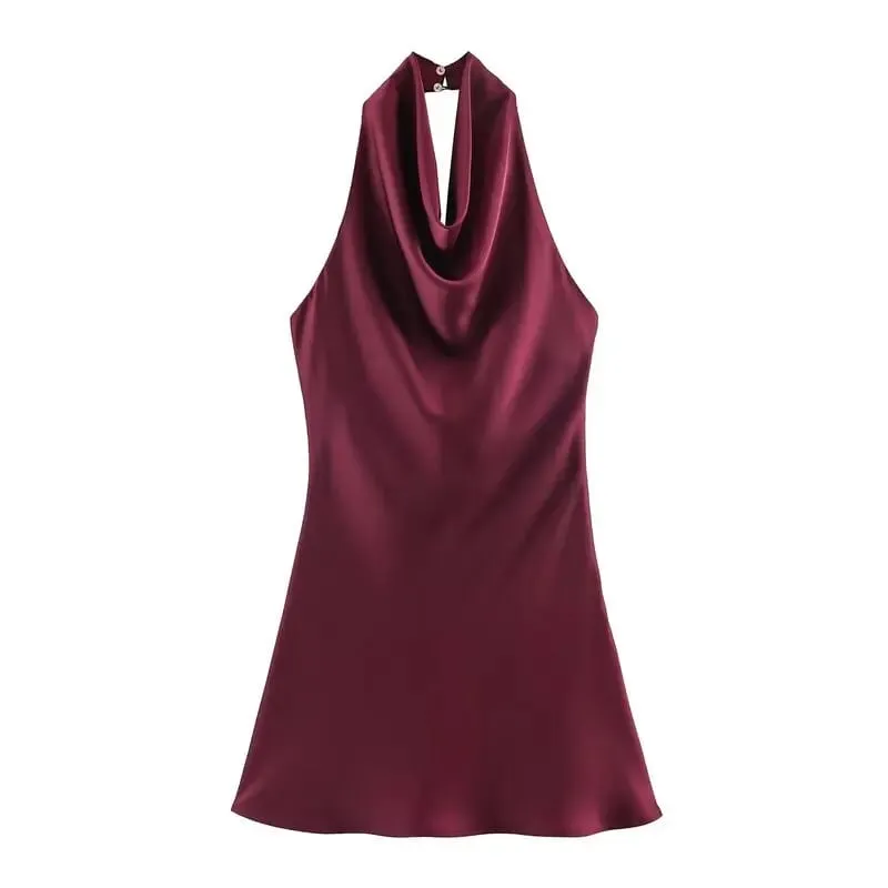 Silk Satin Texture Summer New Arrival Women's Dr Hanging Ne Collar Gown Soft A-Line Skirt High Waist Pure Color