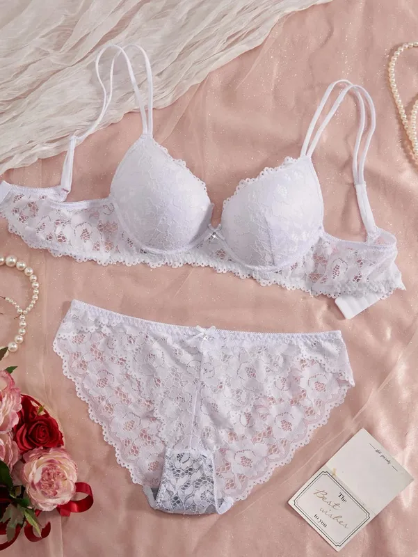 Conjunto de lingerie sexy feminina renda patchwork cor sólida laço strass embelezado push-up alça de ombro dupla sem forro roupa íntima confortável renda semitransparente calcinha respirável