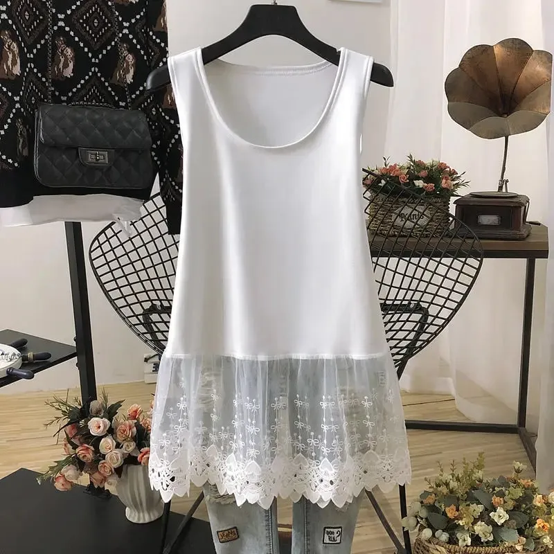 Rua casual rendas retalhos tanques verão nova sem mangas cor sólida solta juventude branco t camisa topos moda tendência roupas femininas