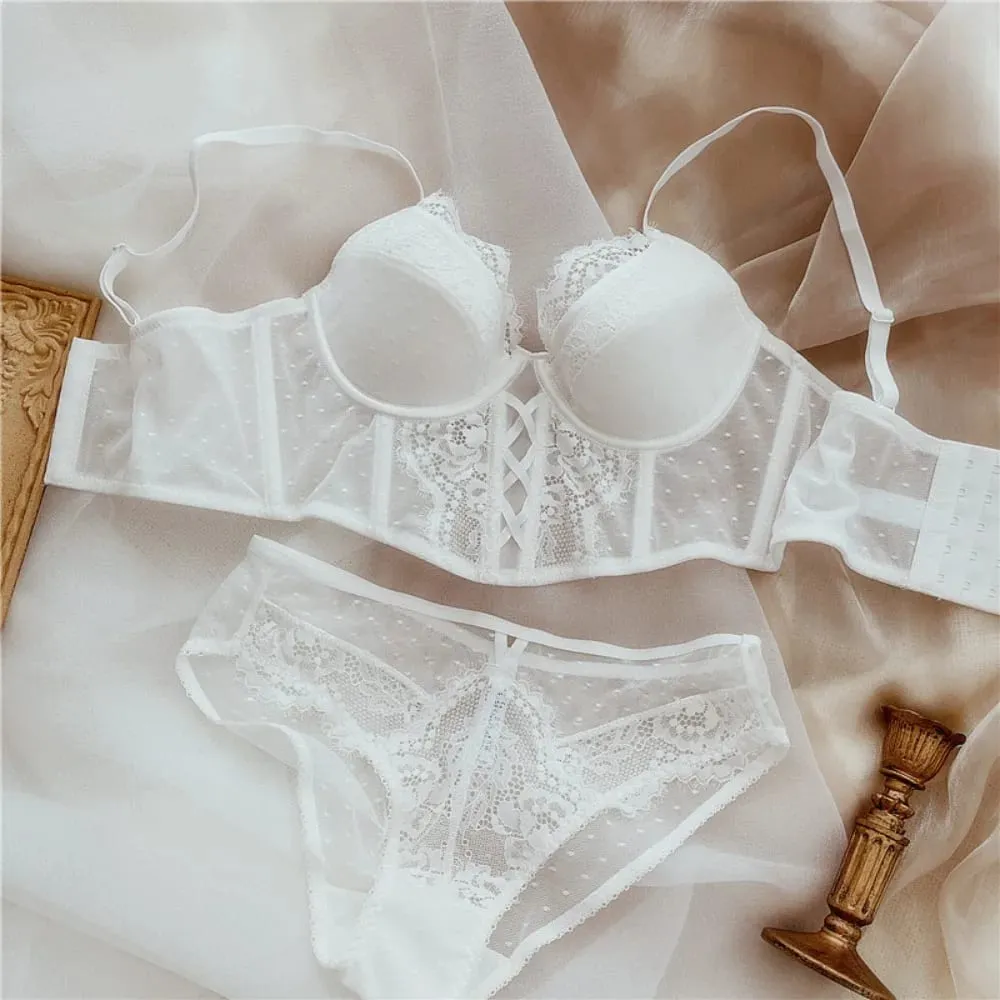 Popular conjunto de sutiã feminino de renda vintage francesa macio underwire copo fino suporte de osso push up lado reunir axila roupa interior gorda 32-38ab — image 4