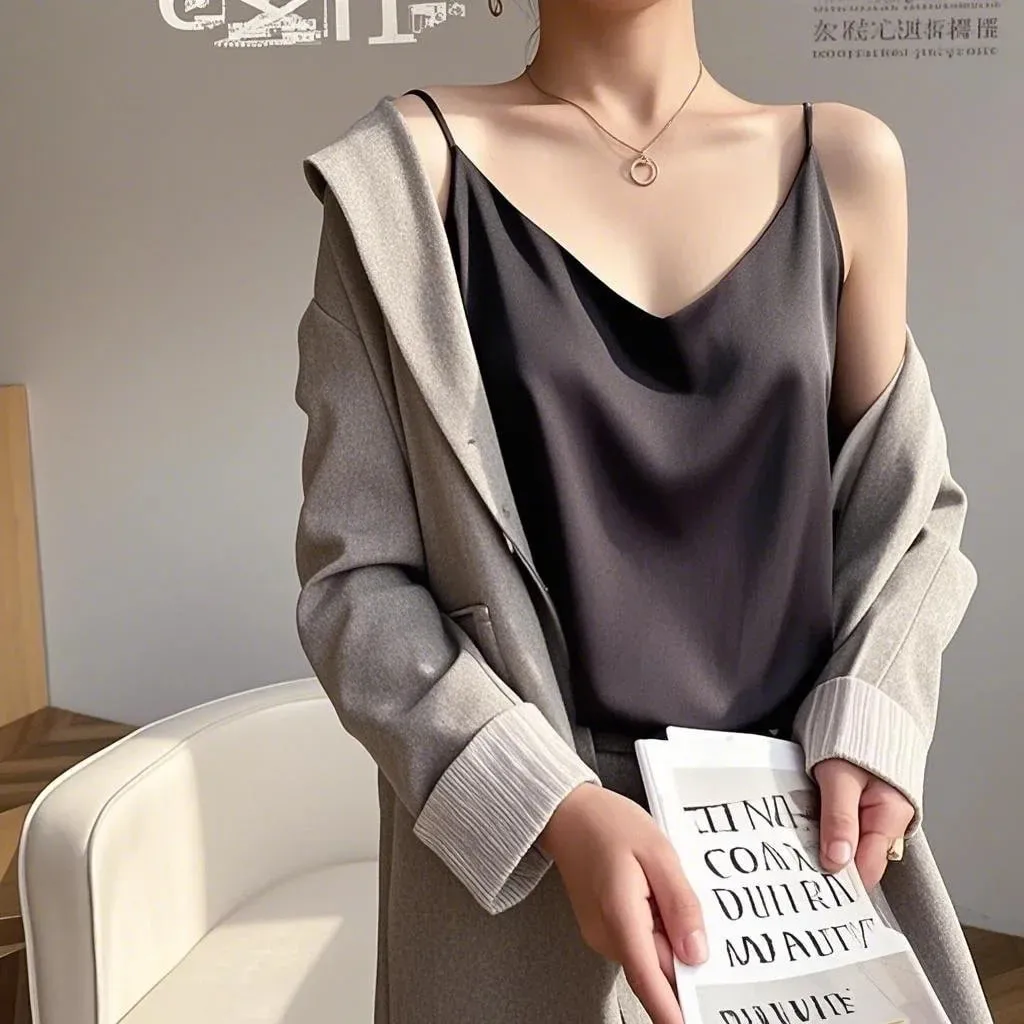 2026 Spaghetti Strap Top Women Halter V Neck Basic White Cami Sleeveless Satin Silk Tank Tops Women's Summer Camisole Crop Top — image 4