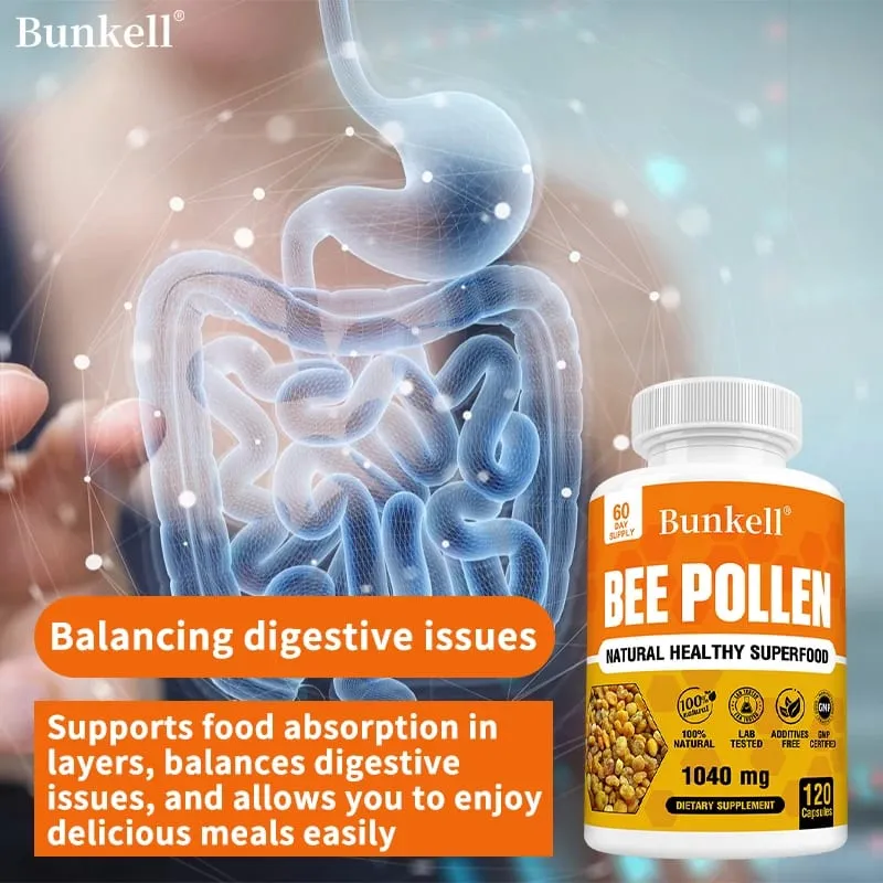 Suplemento de pólen de abelha 100% natural, pólen de abelha cru, cápsulas vegetarianas, probiótico, superalimento, digestão, suporte imunológico e energia