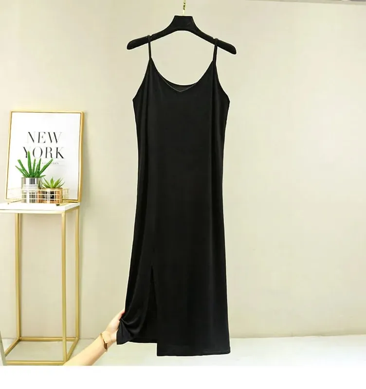 Vestido feminino modal completo deslizante, roupa íntima, alça longa, sólida, camisola, anágua interna, íntima