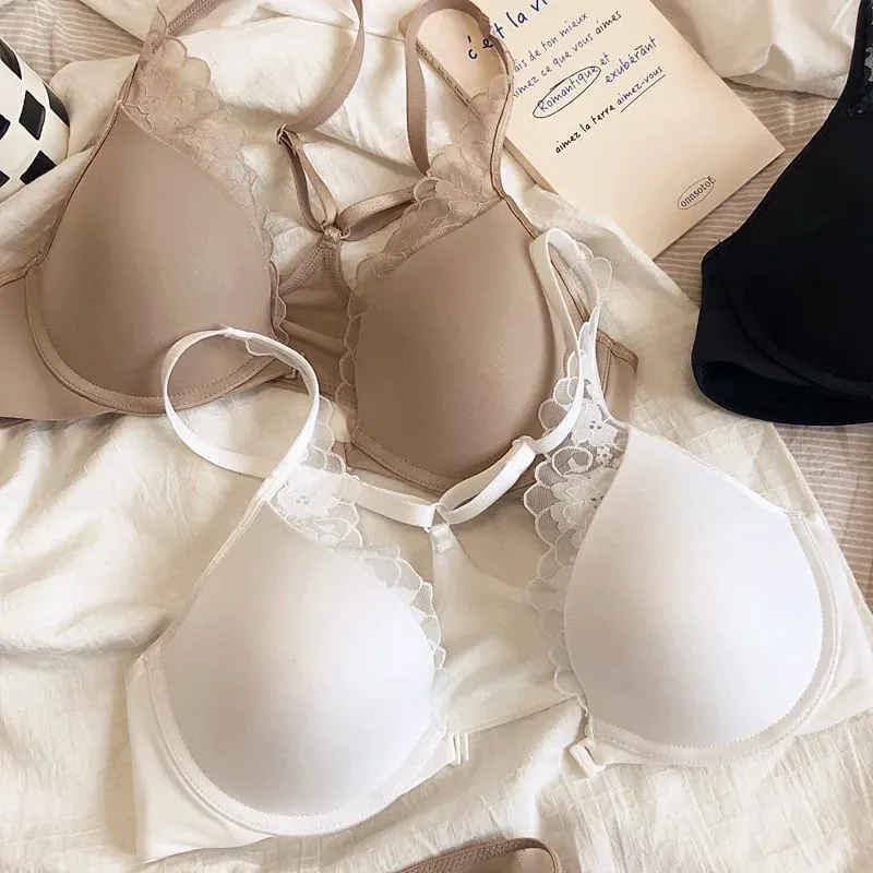 Sutiãs femininos sexy de alta qualidade e breve conjunto de duas peças frontal fechado push up renda A B C copo fio lingerie de verão roupa íntima preta