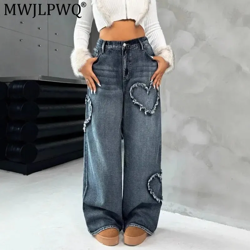American Retro Frayed Edge Patchwork Heavy Washed Denim Jeans Unisex Street Loose Straight Wide-Leg Trousers 21095