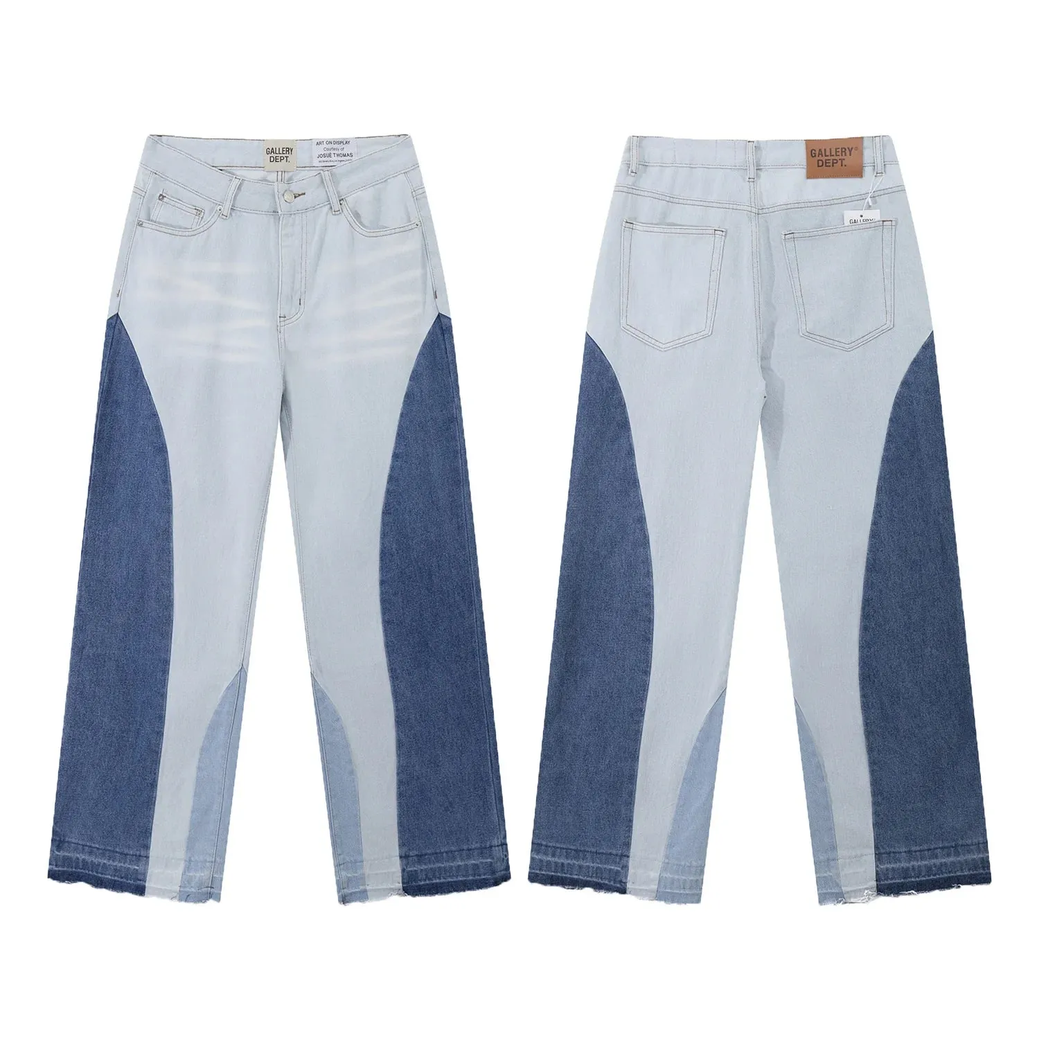 Calça jeans boca de sino lavada e gasta com patchwork