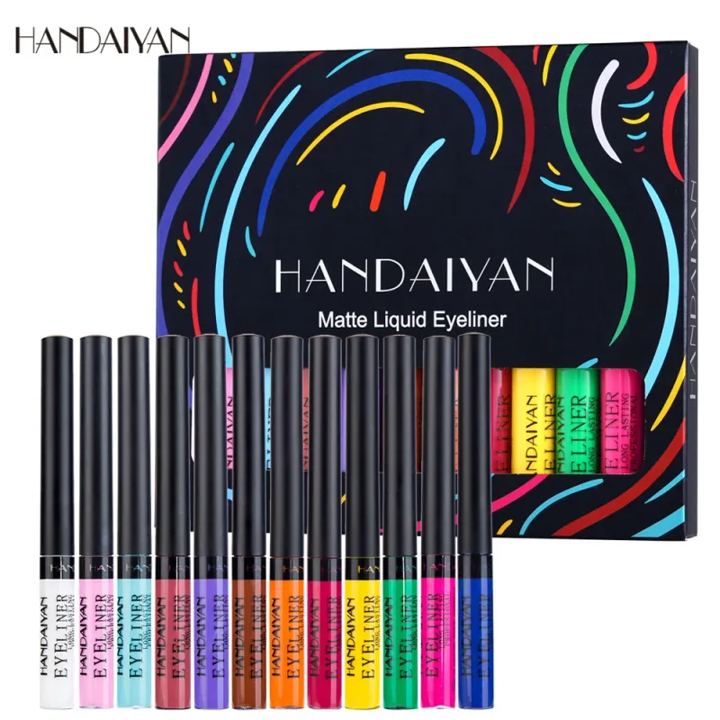 Conjunto de canetas delineadoras à prova d'água, 12 cores, fosco, longa duração, 24 horas, fluorescente, lápis de delineador para decoração de maquiagem facial