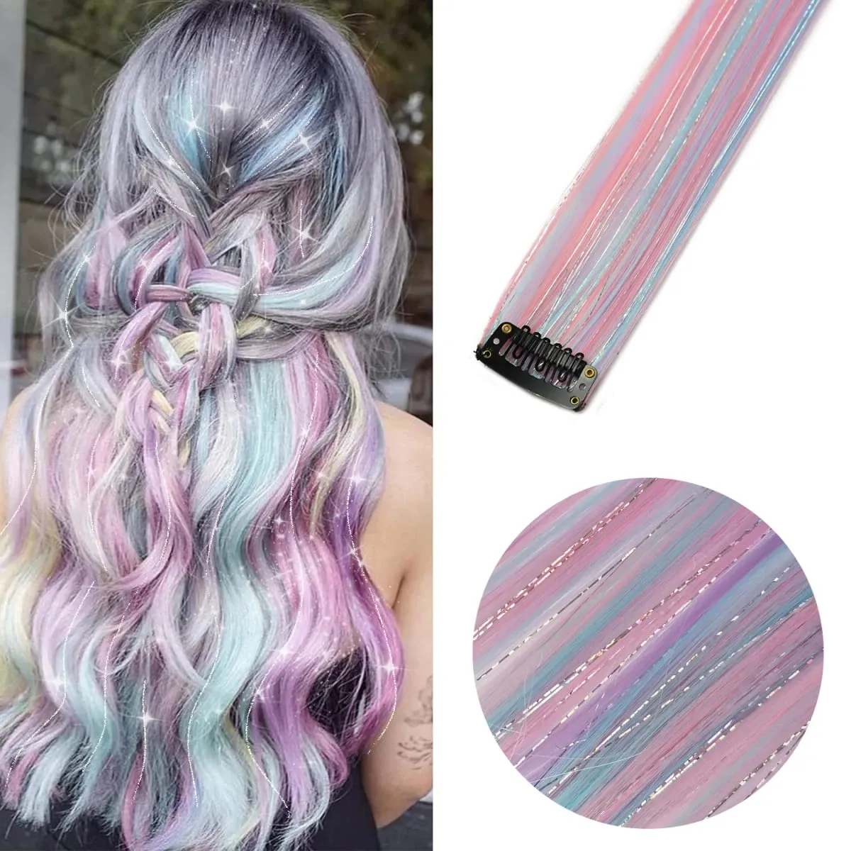6 unidades/pacote colorido festa destaques clipe em extensões de cabelo 22 polegadas multi-cores cabelo liso sintético postiços — image 43
