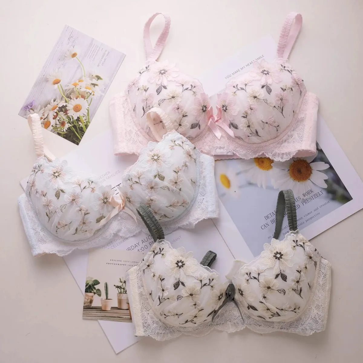 Conjunto de sutiã feminino bordado fino estilo japonês com armação macia doce fofo copo grande sutiã e calcinha conjunto de lingerie