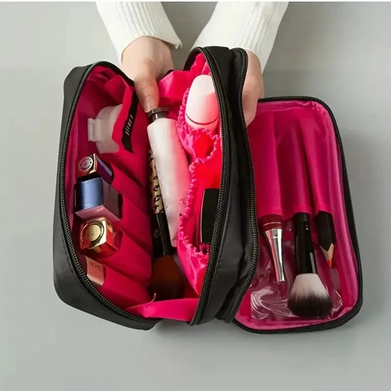 Large Capacity Makeup Brushes Storage Bag Double-Zipper Comestic Tools Organizer Wide-open Vertical Free-Standing Brush Holder
