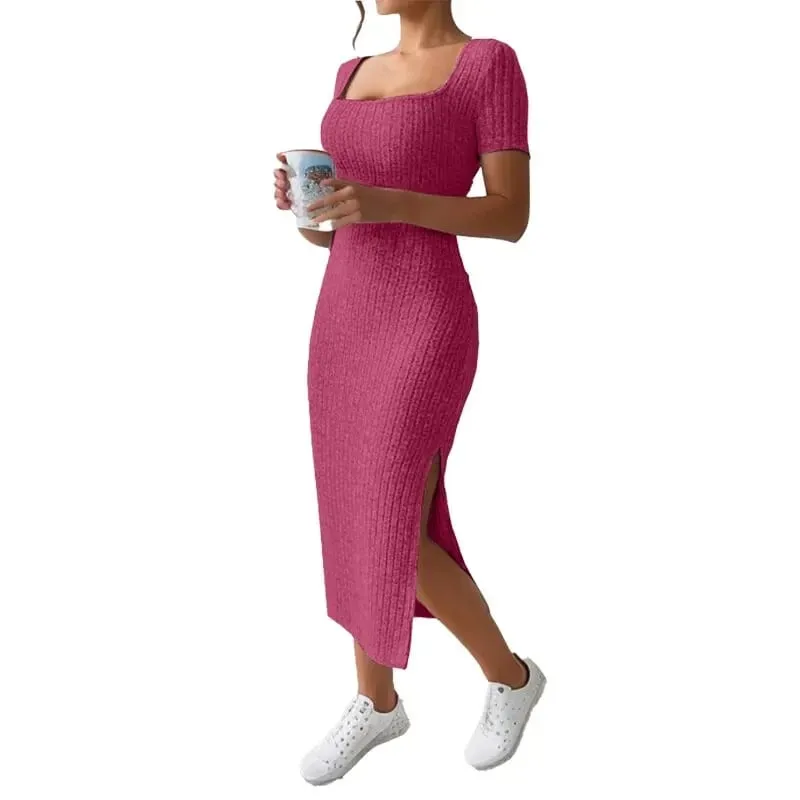 Verão pescoço quadrado hip-abraçando saia de comprimento médio de manga curta versátil vestido de malha com fenda