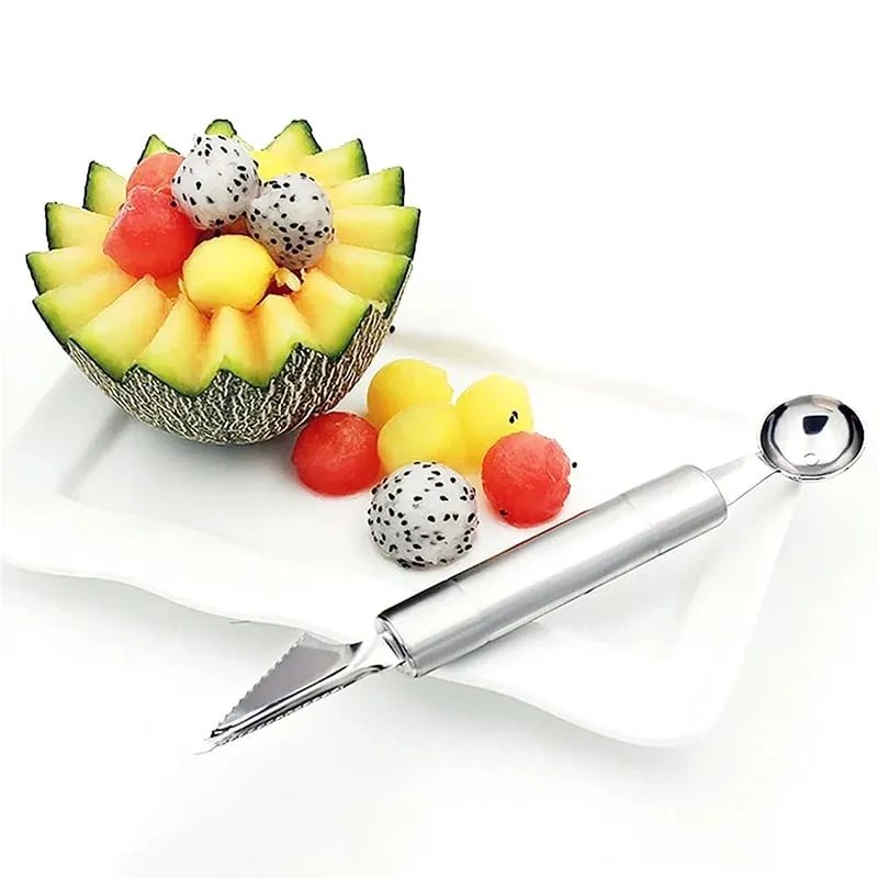 Colher de frutas escavação dupla cabeça de aço inoxidável portátil multifuncional melão baller colher diy prato frutas ferramenta bola tmz