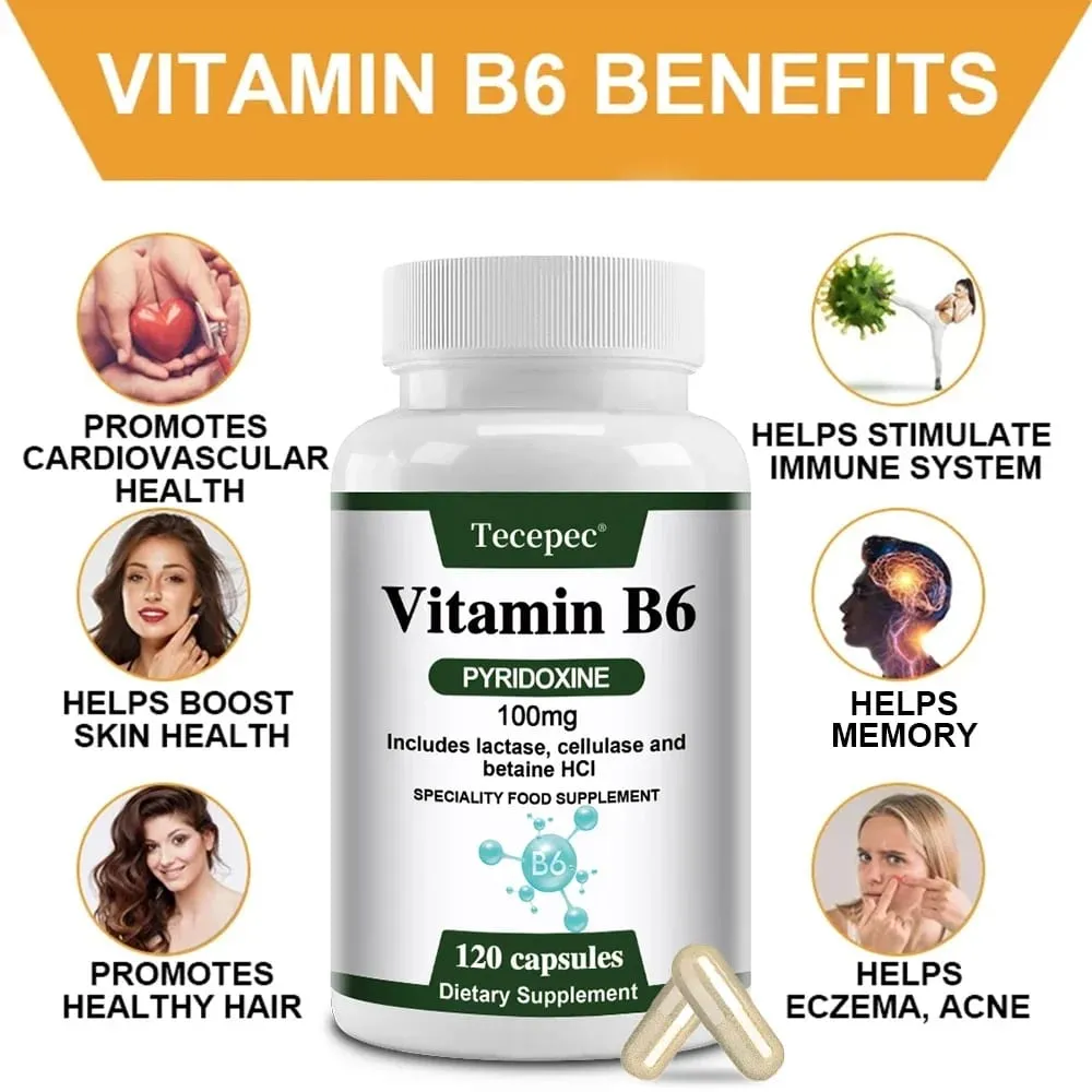 Vitamin B6 Capsules - Brain Function & Memory Concentration Cardiovascular Skin Hair Immune Non-GMO Dietary Supplement
