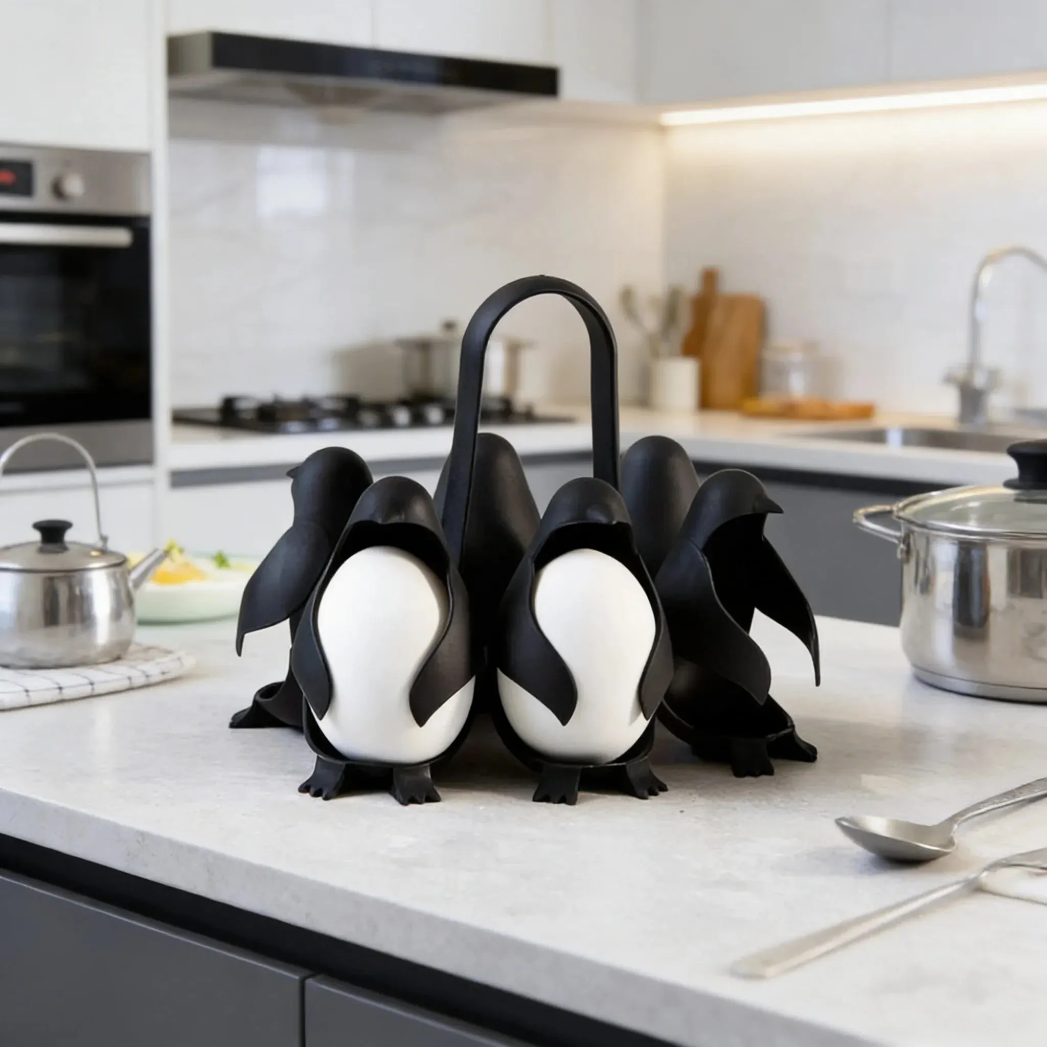 Caldeira de ovo de pinguim bonito para cozinha gadget ovo ferramenta de cozimento rack de vapor de ovo com alça para ferver ovos
