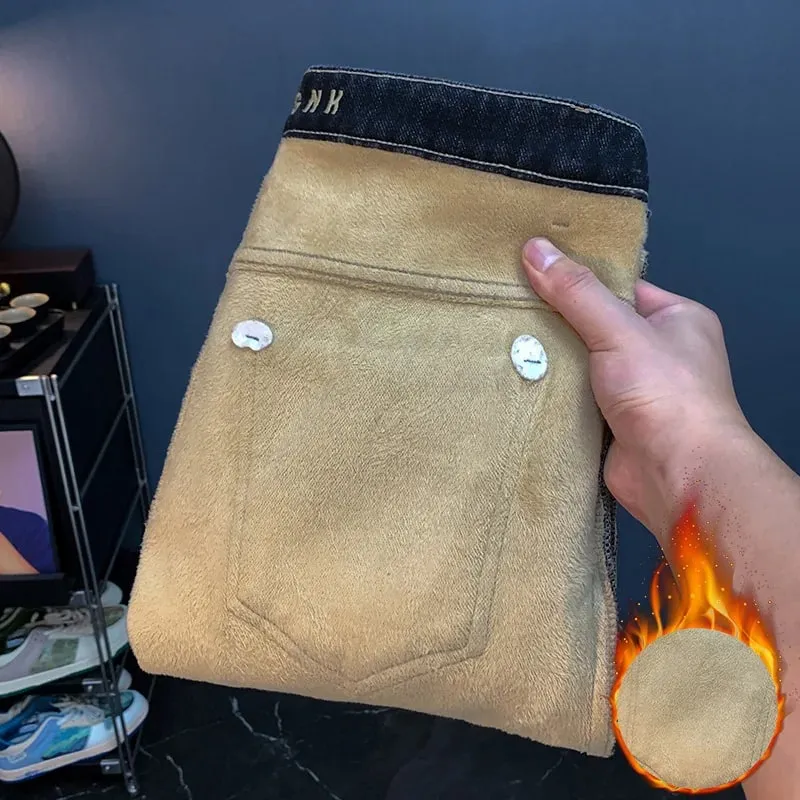 Jean épais en peluche pour hommes, coupe cintrée, petits pieds, haut de gamme, tendance, léger, luxe, mode, élastique, chaud, nouvelle collection hiver 2025
