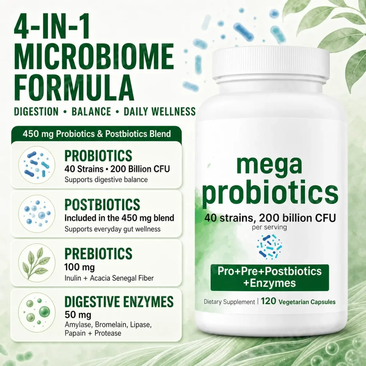 Cápsulas de probióticos 200 bilhões de UFC 40 cepas prebióticos enzimas digestivas suplemento de saúde intestinal 120 cápsulas vegetais homens mulheres