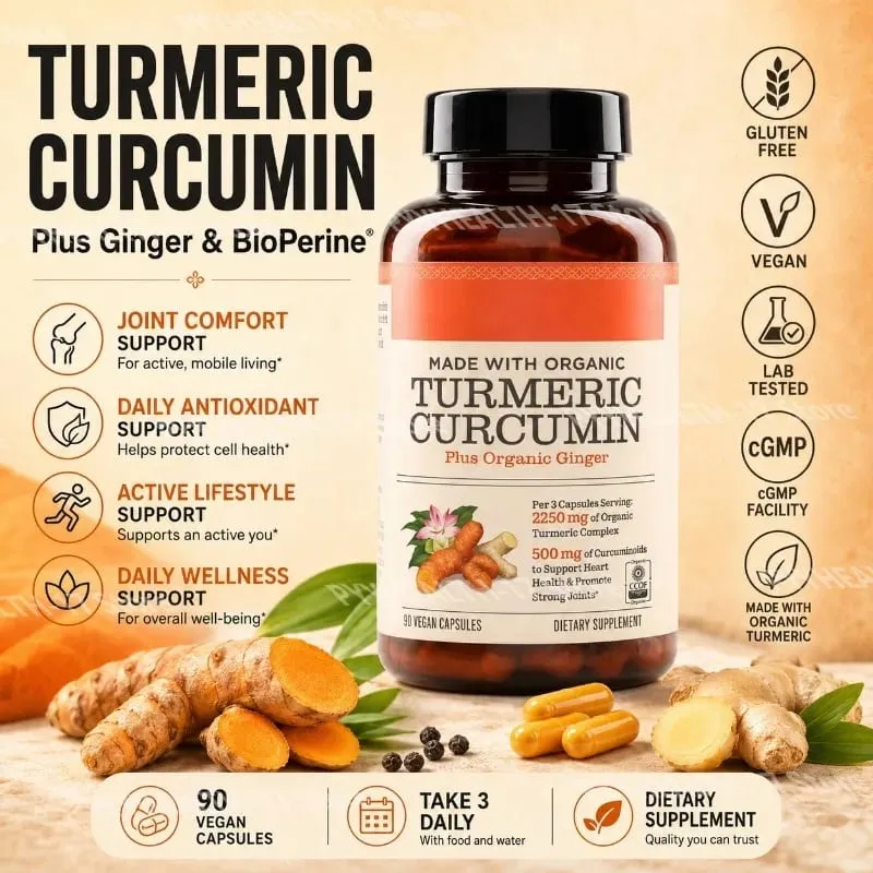 Cúrcuma Curcumina Plus Cápsulas Veganas Feitas com Gengibre Orgânico Apoia a Saúde das Articulações e do Coração 90 Cápsulas Não-OGM
