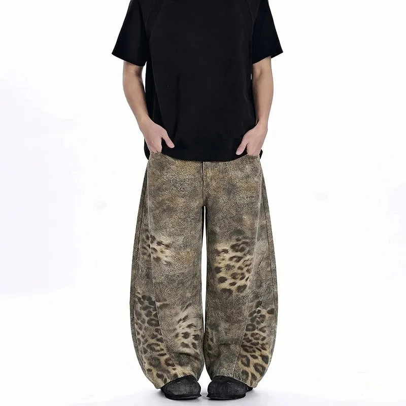 Calça jeans masculina vanguardista com estampa de leopardo, perna larga, larga, solta, casual, calça comprida 9x2894