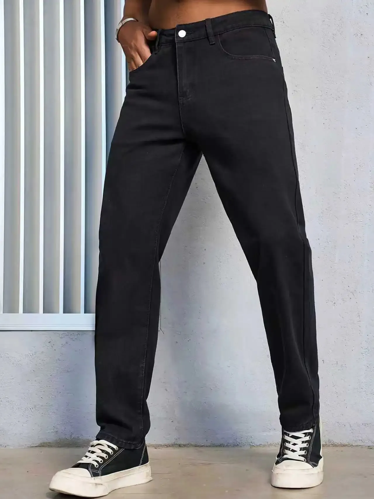Jeans masculino casual liso preto regular fit