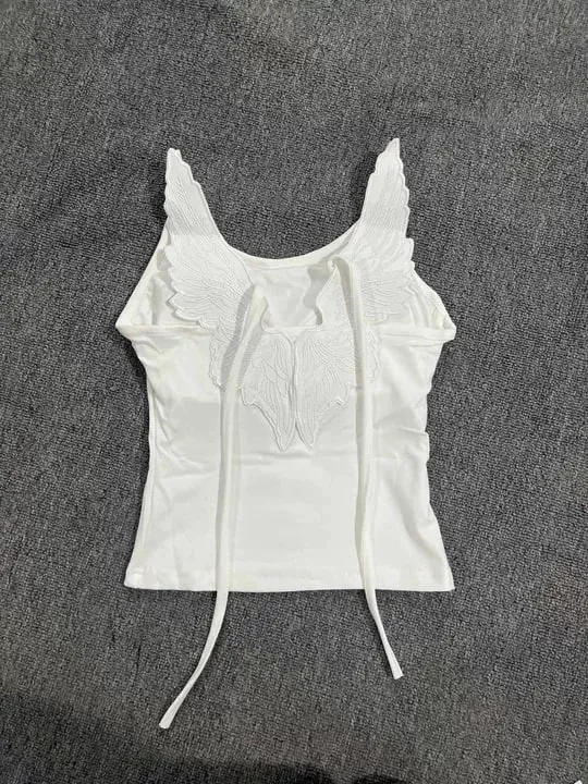 Asas de ângulo branco bordado camis y2k sexy sem mangas sem costas gravata borboleta colete fino mulher verão regata