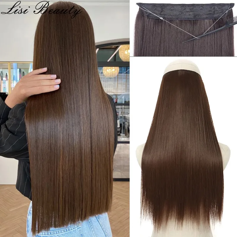 Sem clipes extensões de cabelo fio invisível longo em linha reta sintético falso pedaço de cabelo 80cm preto marrom loiro penteado