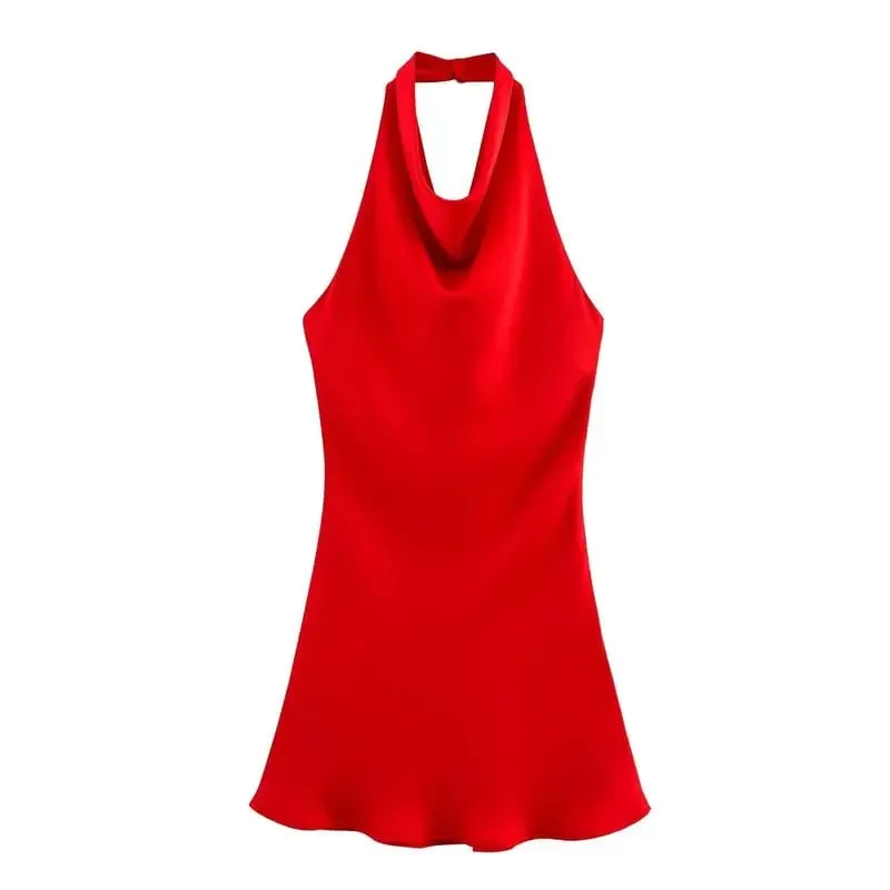 Silk Satin Texture Summer New Arrival Women's Dr Hanging Ne Collar Gown Soft A-Line Skirt High Waist Pure Color