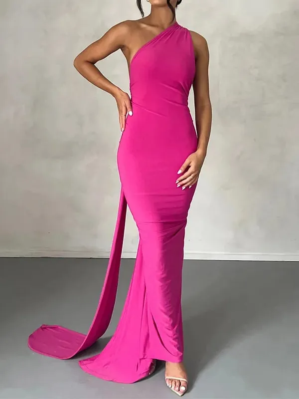 Neon Y2K Clothes One Shoulder Sleeveless Backless Ruched Bodycon Maxi Dresses For Women Club Birthday Party Evening Prom
