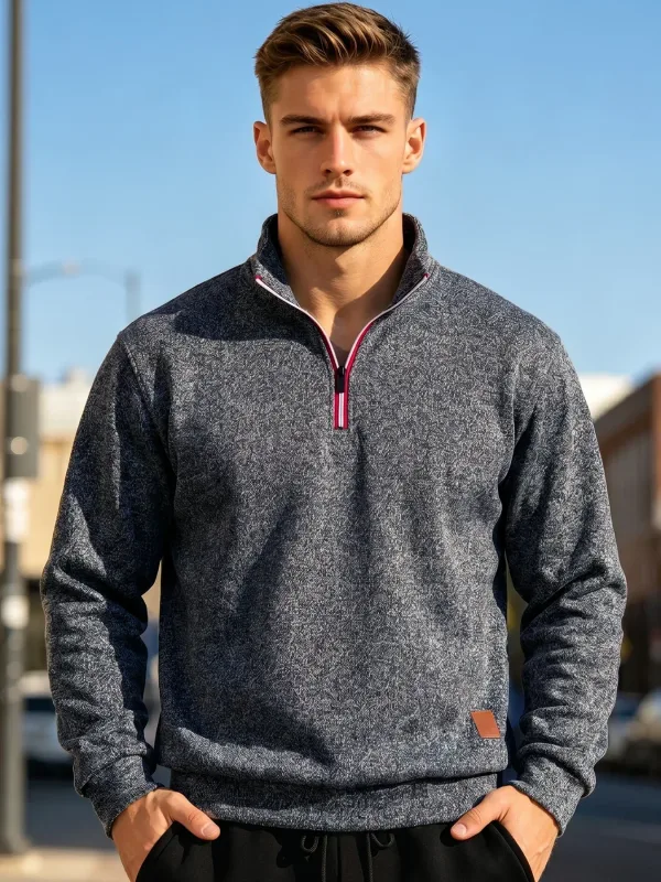 Conjunto de 2 peças homem 1/4 zíper camisola gola simulada, pulôver forrado de lã com punhos canelados casuais quentes para o outono inverno desgaste diário