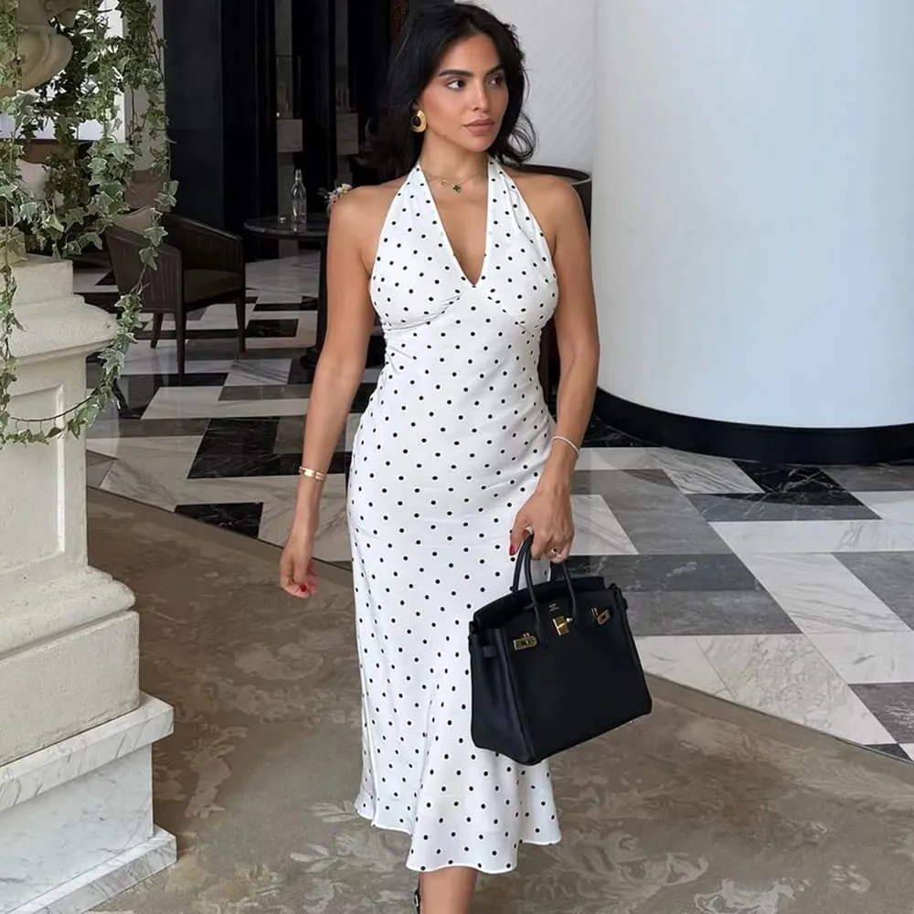 Tuularose Polka Dot Hanging Neck Long Dress Women Elegant Strapless Sexy Lace-up Sleeveless Backless Fashion Club Party Dresses — image 4