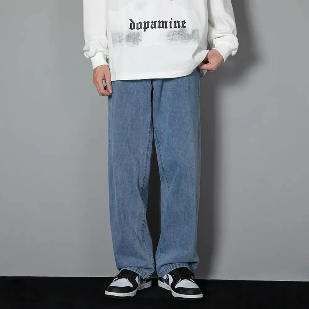 Korean Solid Colors Men's Casual Long Jeans Classic Man Four Seasons Straight Denim Wide-leg Pants Light Blue Grey Black 3XL